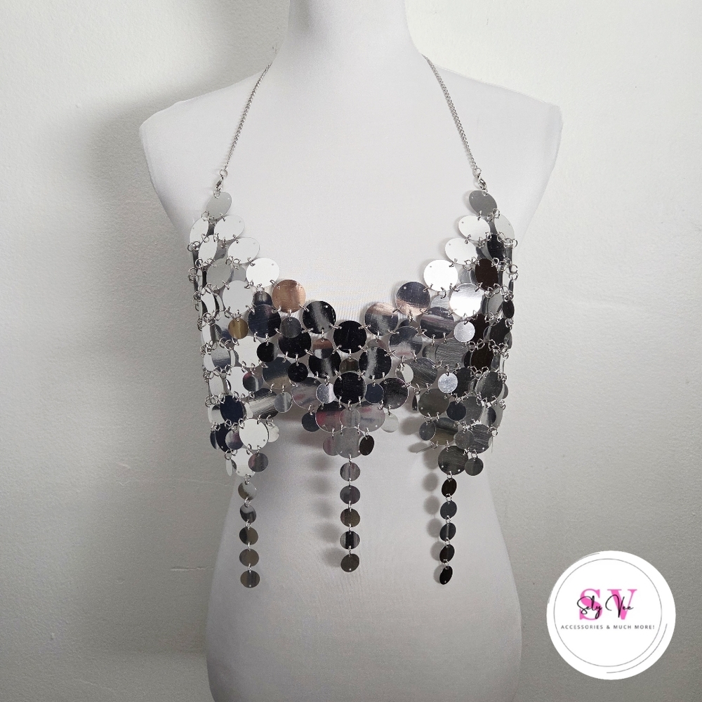 Silver Sequin Chain Halter Top